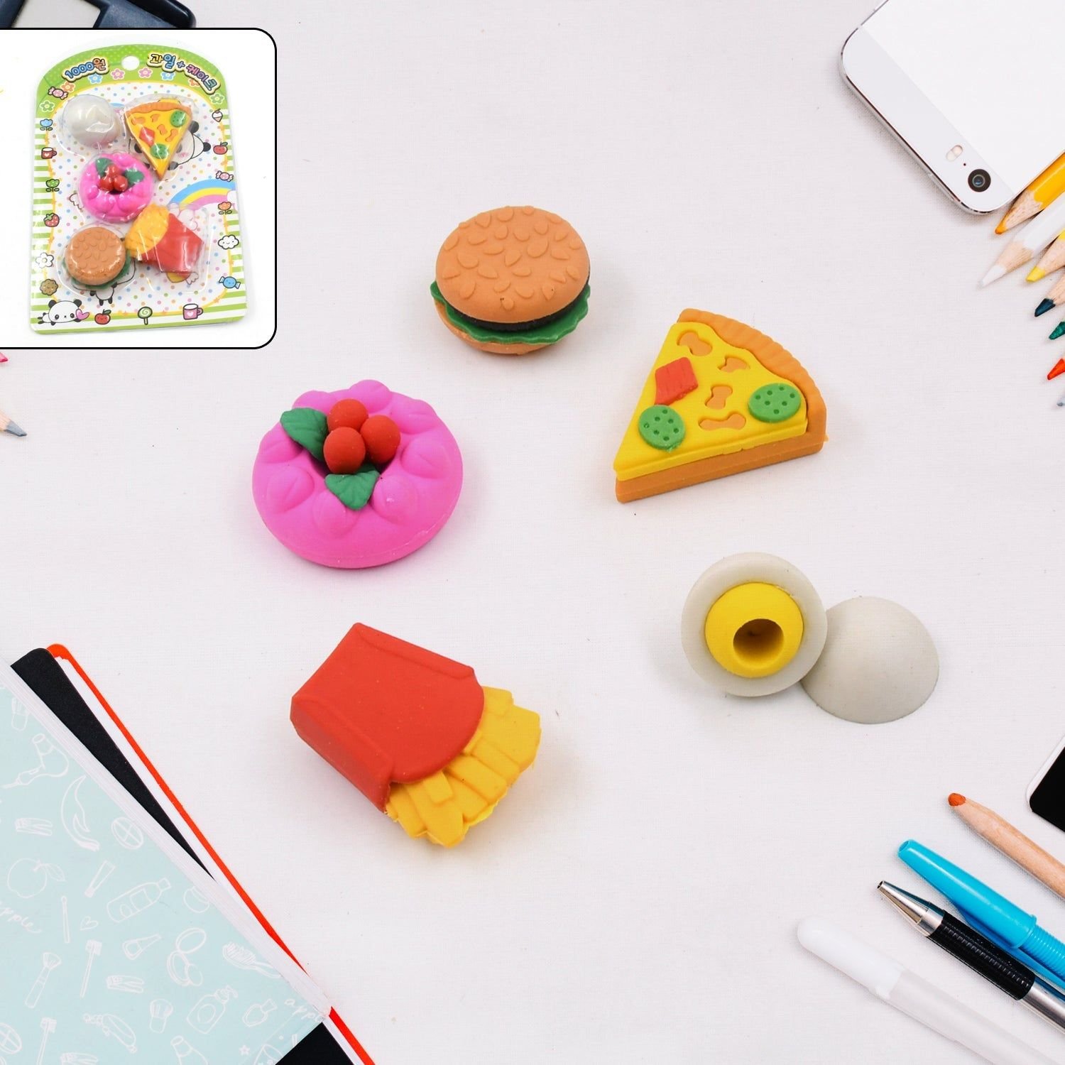 3D Food-Shaped Colorful Eraser Set – Cute Novelty Mini Erasers for Kids (5 Pc Set) - Image 2