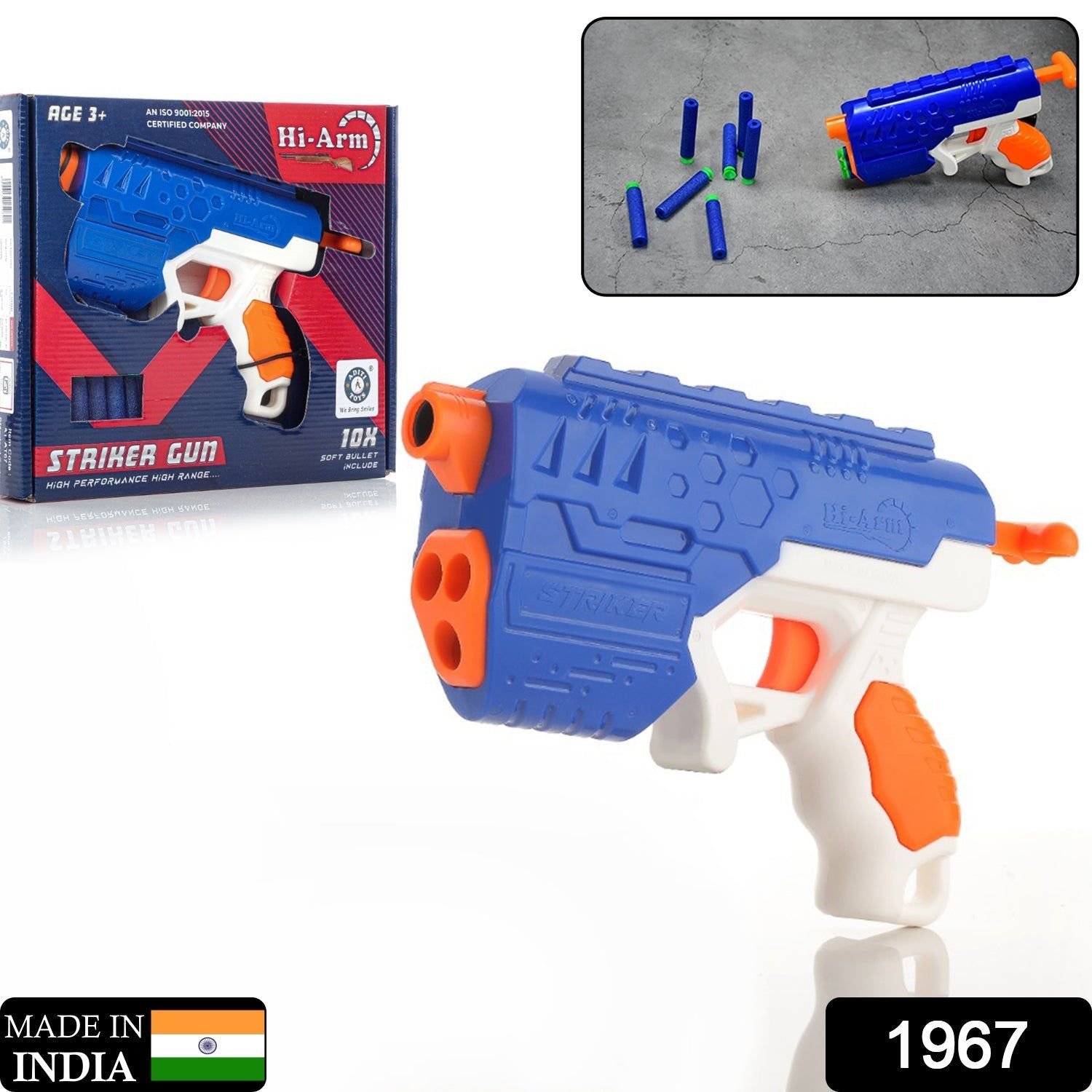 Hi-Arm Gun with 10x Foam Suction Bullets, ABS Plastic, Target Shooting
