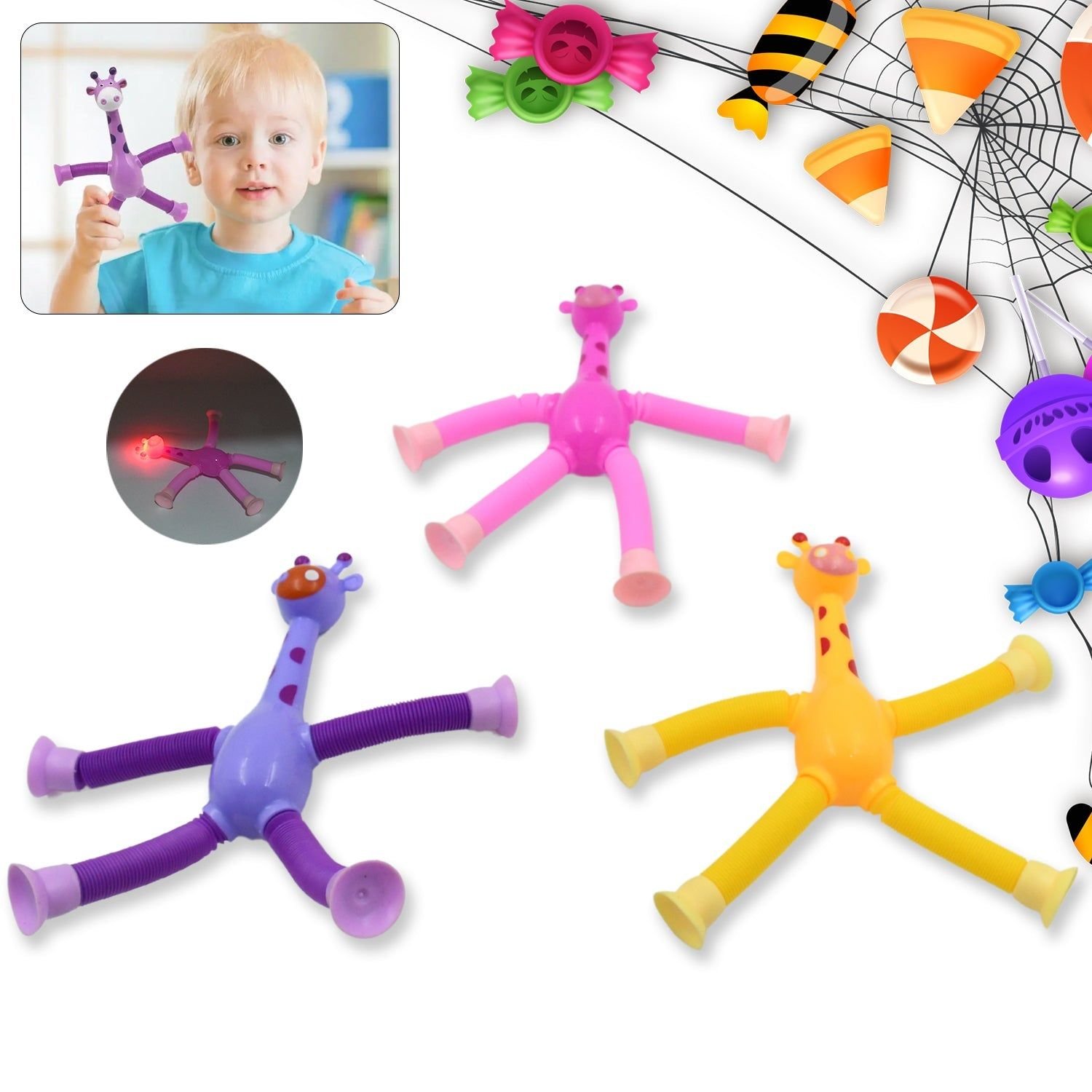 LED Telescopic Suction Cup Giraffe Toy, Tubes Fidget Toys, Shape Changing Telescopic Sensory Tubes Fidget Tubes Sensory Toys Suction Toy, Funny Gift (3 Pcs Set) - Image 3
