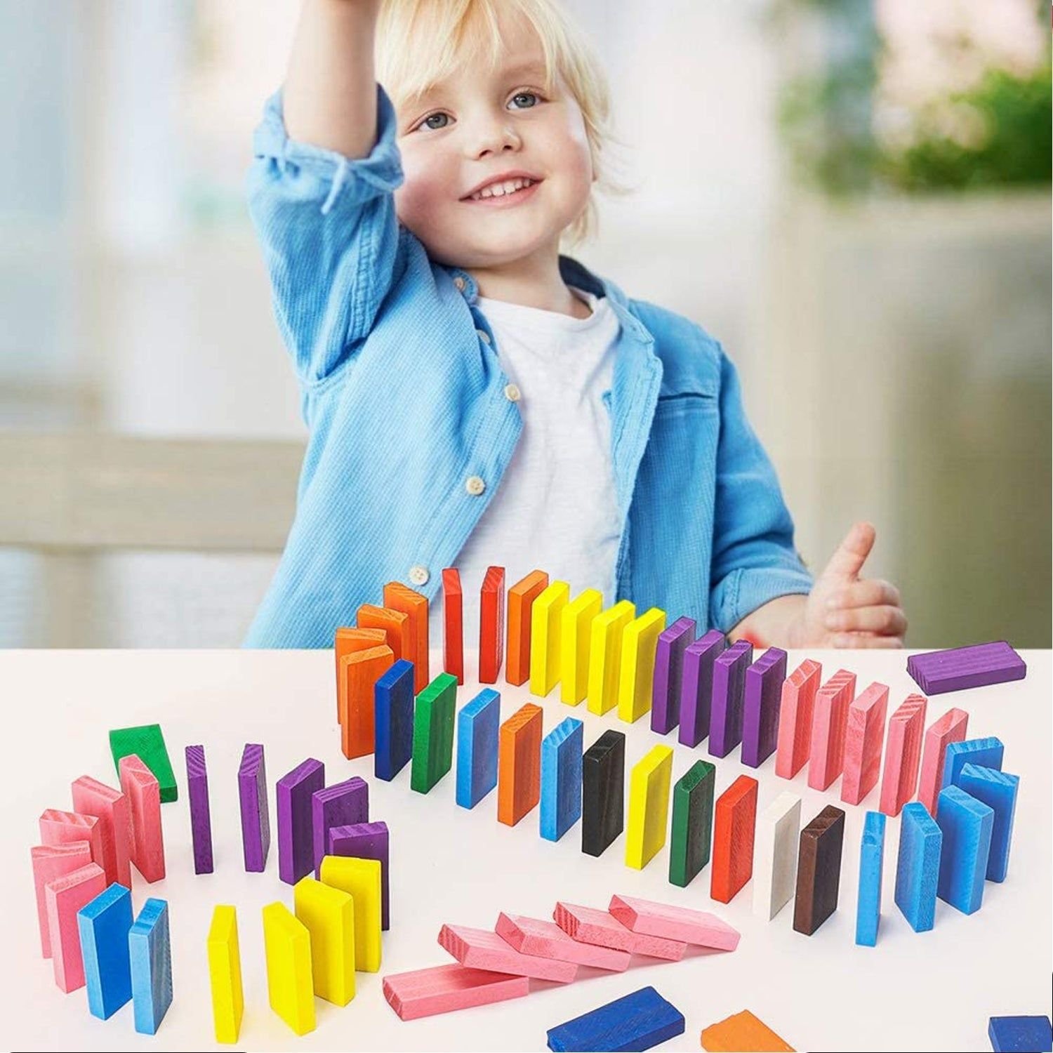 100PC DOMINO BLOCKS SET MULTICOLOR WOODEN TOY BUILDING INDOOR GAME TOY - Image 2