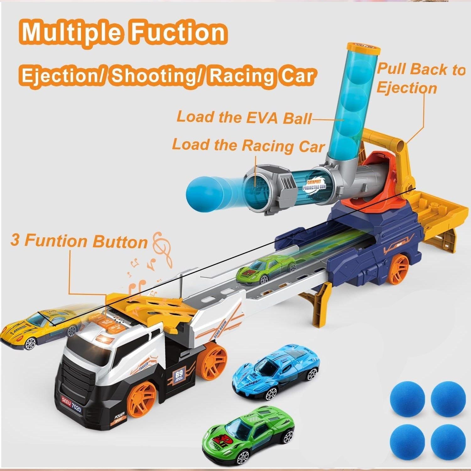 Large Truck Toys Include 2 Racing Cars+4 Ball, with Light & Sounds (Battery Not Included) - Image 2