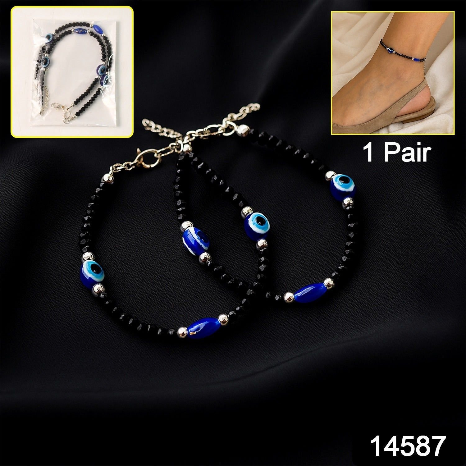 Adjustable Black Bead Evil Eye Protection Bracelet Set (2 Pc) - Image 2