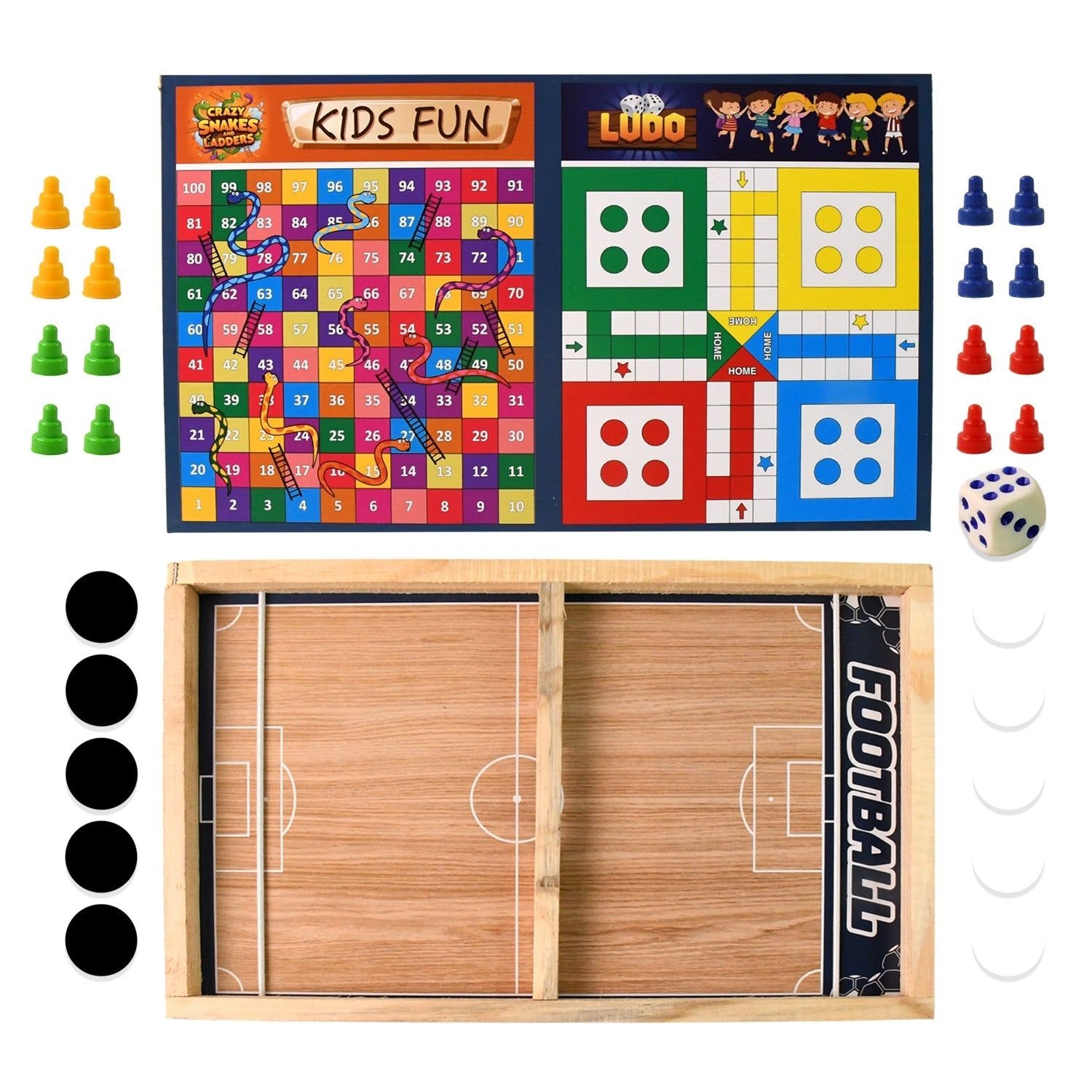 Wooden Board Game Set – Ludo, Snakes & Ladders, and Desktop Football (3-in-1) - Image 3