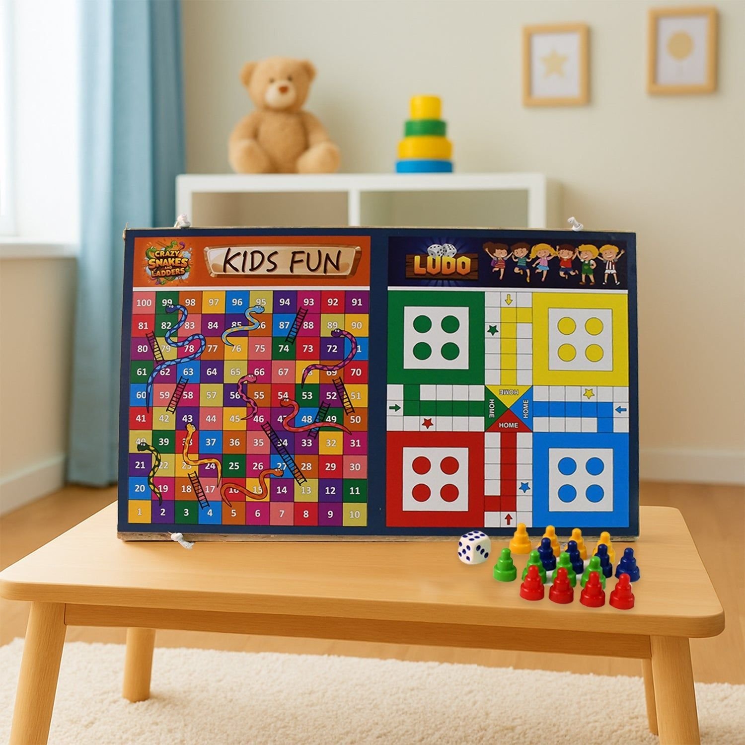 Wooden Board Game Set – Ludo, Snakes & Ladders, and Desktop Football (3-in-1) - Image 2