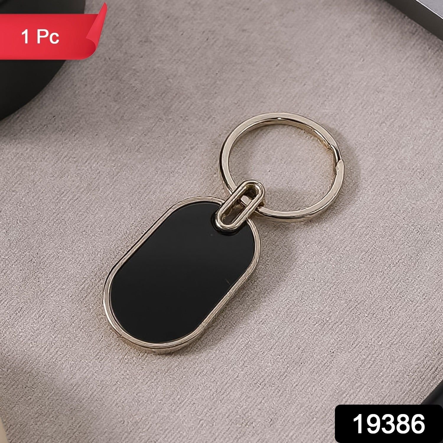 Elegant Black & Silver Oval Metal Keychain (1 Pc) - Image 2