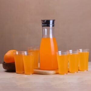 Transparent Unbreakable Water Juicy Jug and 6 Pcs. Glass Combo Set for Dining Table Office Restaurant Pitcher | Assorted Colour