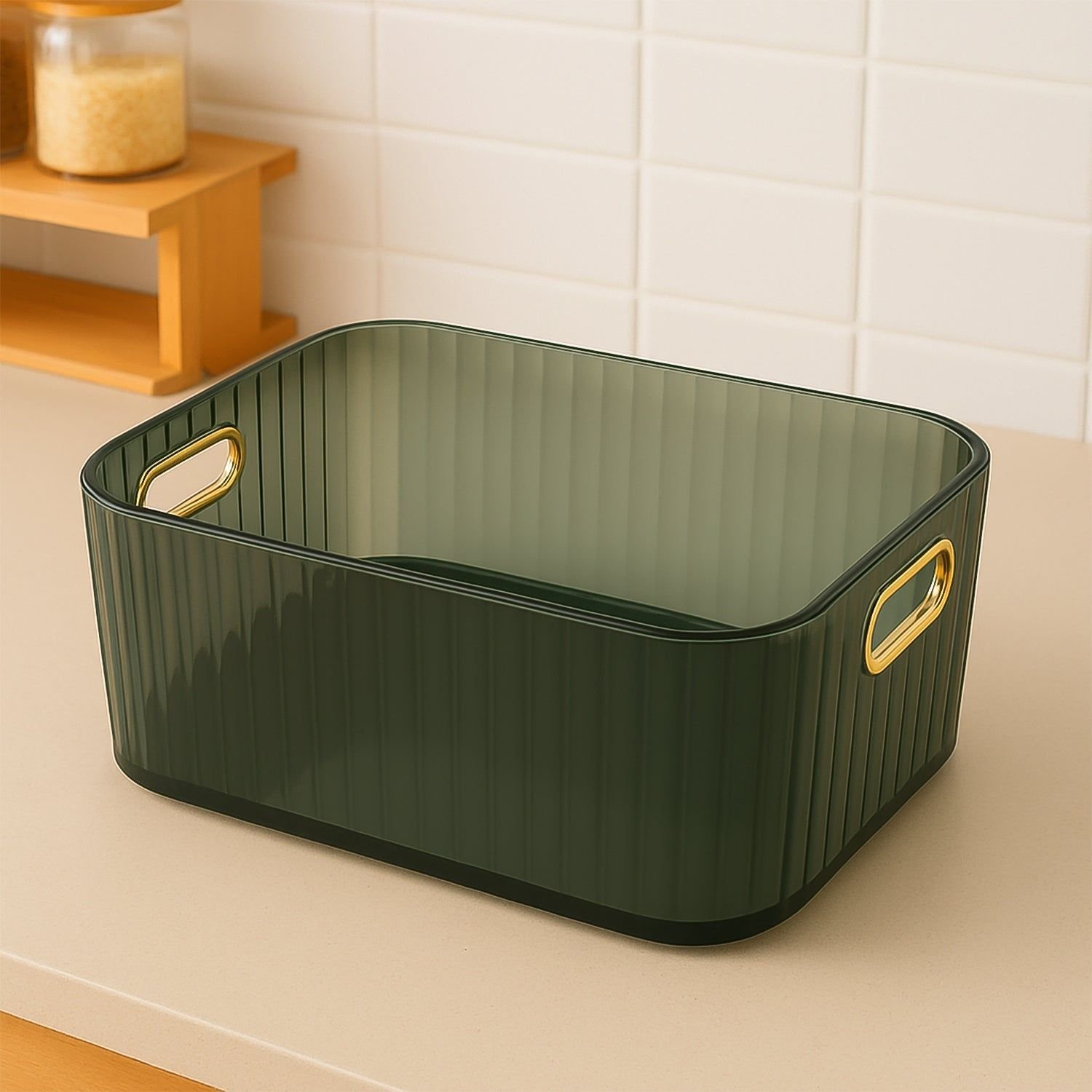 Premium Ribbed Transparent Storage Basket with Gold Handle – Multipurpose Kitchen & Home Organizer Box