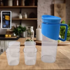 Transparent Stylish Premium Jug with Elegant Handle (2000 ML Jug Approx & 4 Pcs Plastic Glass) | Assorted Colour