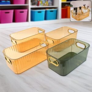 Premium Ribbed Transparent Storage Basket with Gold Handle – Multipurpose Kitchen & Home Organizer Box (25x14cm / 4 Pc)