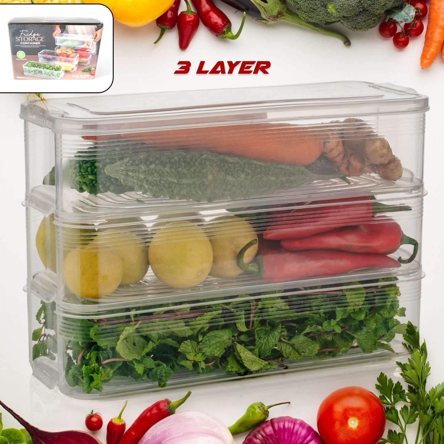 3 Fridge Storage Container, Fridge Organizer with Lid Stackable Fridge Storage Containers Plastic Freezer Storage Containers for Fish, Meat, Vegetables, Fruits, Pack of 3pcs, 1500ML Approx - Image 4