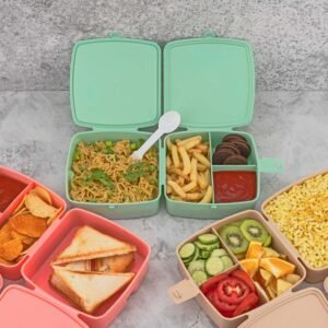 Double-Layer Square Lunch Box with Spoon , 4 Compartment Tiffin & Push Lock , Plastic Tiffin Box for Travelling, School Kids & Office Exclusive, Home