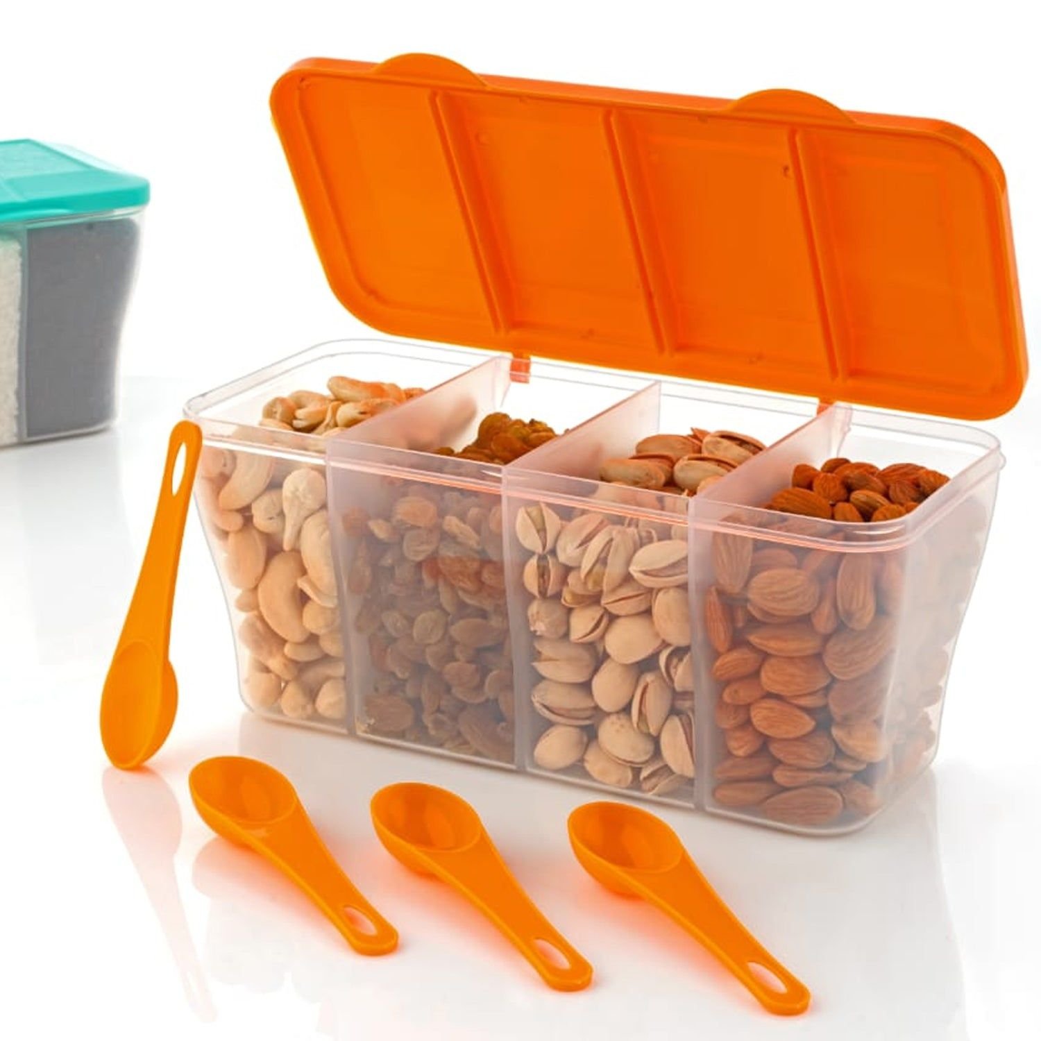 Kitchen Airtight 4-Section Storage Container / Pickle Jar with 4 Spoons (1 Pc / Mix Color) - Image 3
