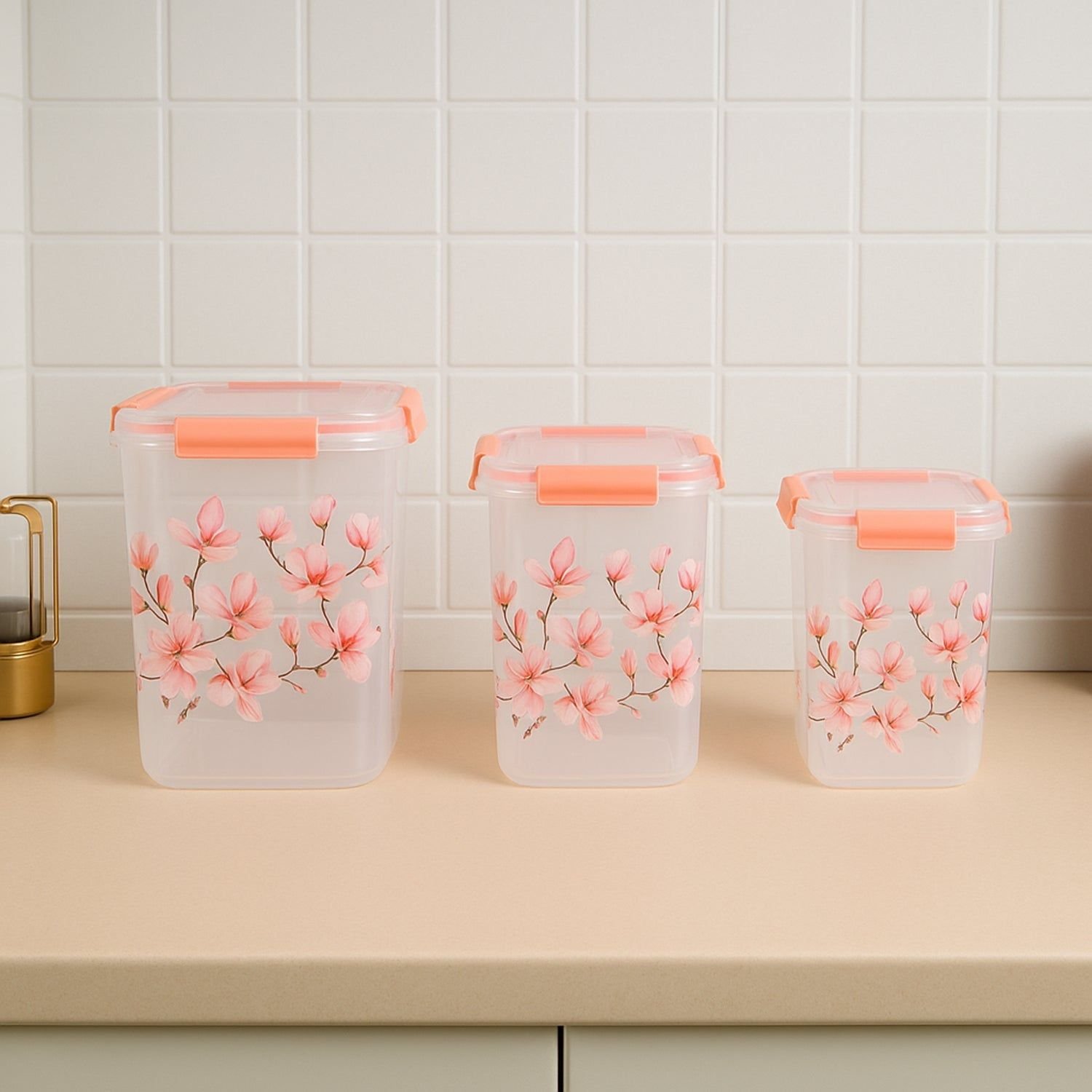 Square 3 Pcs Floral Printed Airtight Storage Container Set – Approx 2.8 Ltr, 4.5 Ltr, 6.9 Ltr (3 Pcs Set) - Image 7