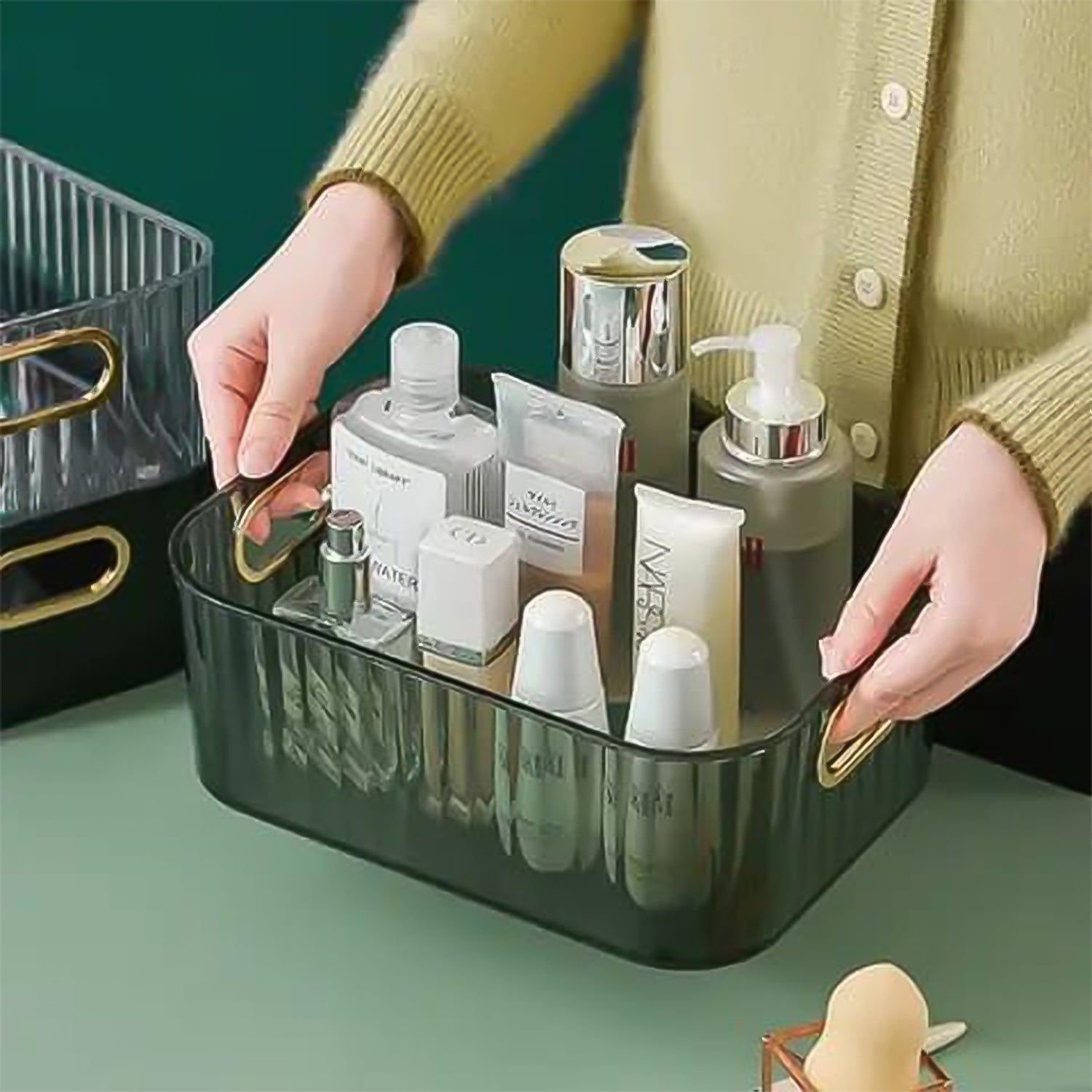 Premium Ribbed Transparent Storage Basket with Gold Handle – Multipurpose Kitchen & Home Organizer Box - Image 4
