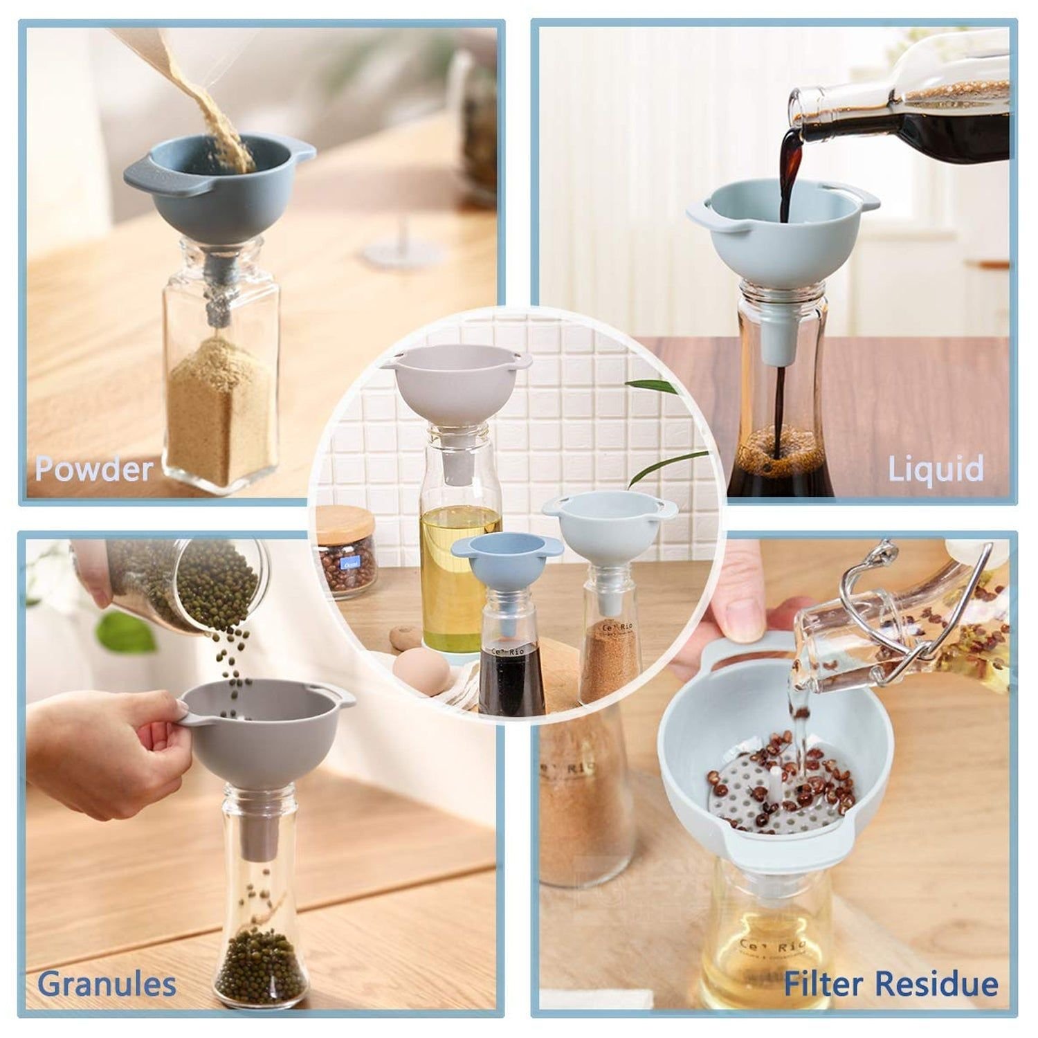 3 in 1 Kitchen Funnel Set of 3, Funnel for Filling Bottle, Small Canning Funnel with Handle, Food Grade Plastic Funnel with Detachable Strainer Filter for Liquid, Dry Ingredients, and Powder - Image 6