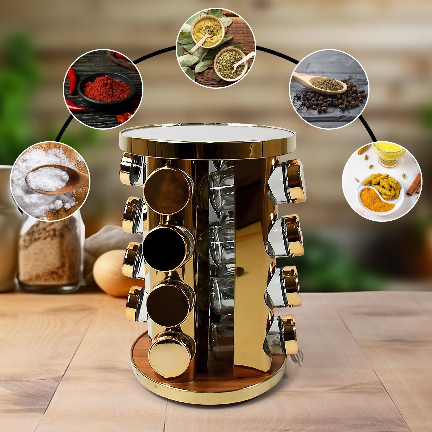 LED Spice Rack Organizer, Rotating Spice Rack with Free 16 Seasoning Jars, Revolving Tower Organizer Stainless Steel for Kitchen Storage (Golden / 16 Pc / MOQ - 6 pc) - Image 7