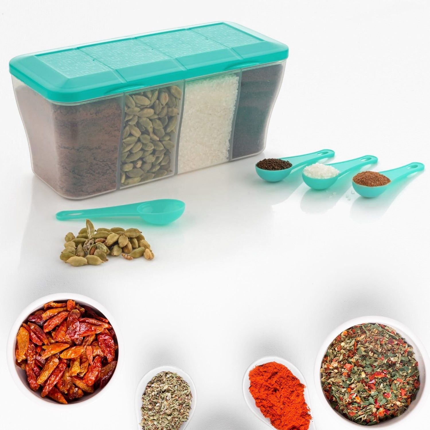 Kitchen Airtight 4-Section Storage Container / Pickle Jar with 4 Spoons (1 Pc / Mix Color) - Image 5