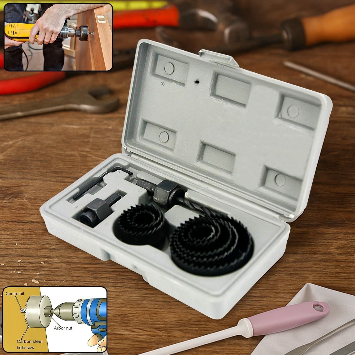 Wood Hole Saw Cutting Set (11 pcs, 19-64mm, Multicolour)