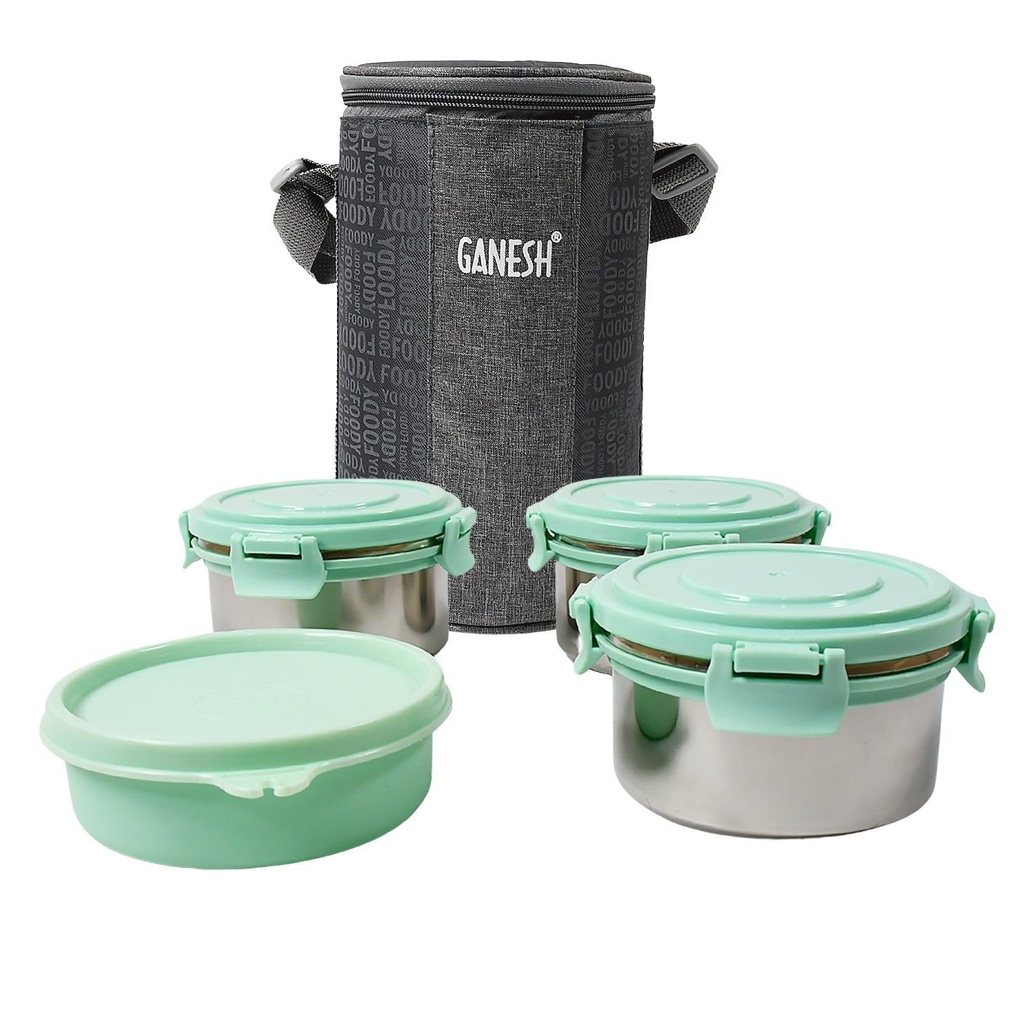 Ganesh 4In1 Tiffin Box-Lunch Box | 3 Stainless Steel Containers 300 Ml Approx & Plastic Salad Container 200 Ml Approx| Plastic lid Box | Round Zip Bag | Leak Proof | Microwave Safe for Office, College and School for Men, Women - Image 4