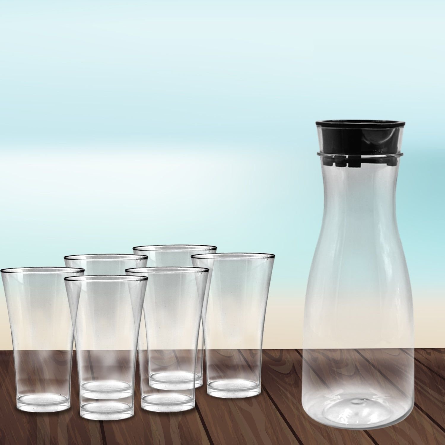 Transparent Unbreakable Water Juicy Jug and 6 Pcs. Glass Combo Set for Dining Table Office Restaurant Pitcher | Assorted Colour - Image 7