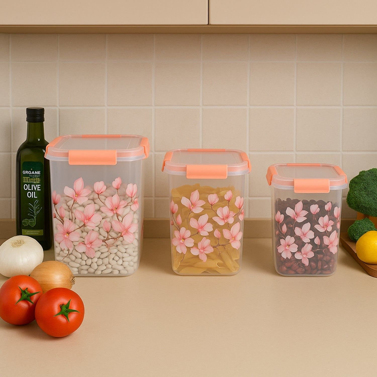 Square 3 Pcs Floral Printed Airtight Storage Container Set – Approx 2.8 Ltr, 4.5 Ltr, 6.9 Ltr (3 Pcs Set) - Image 6