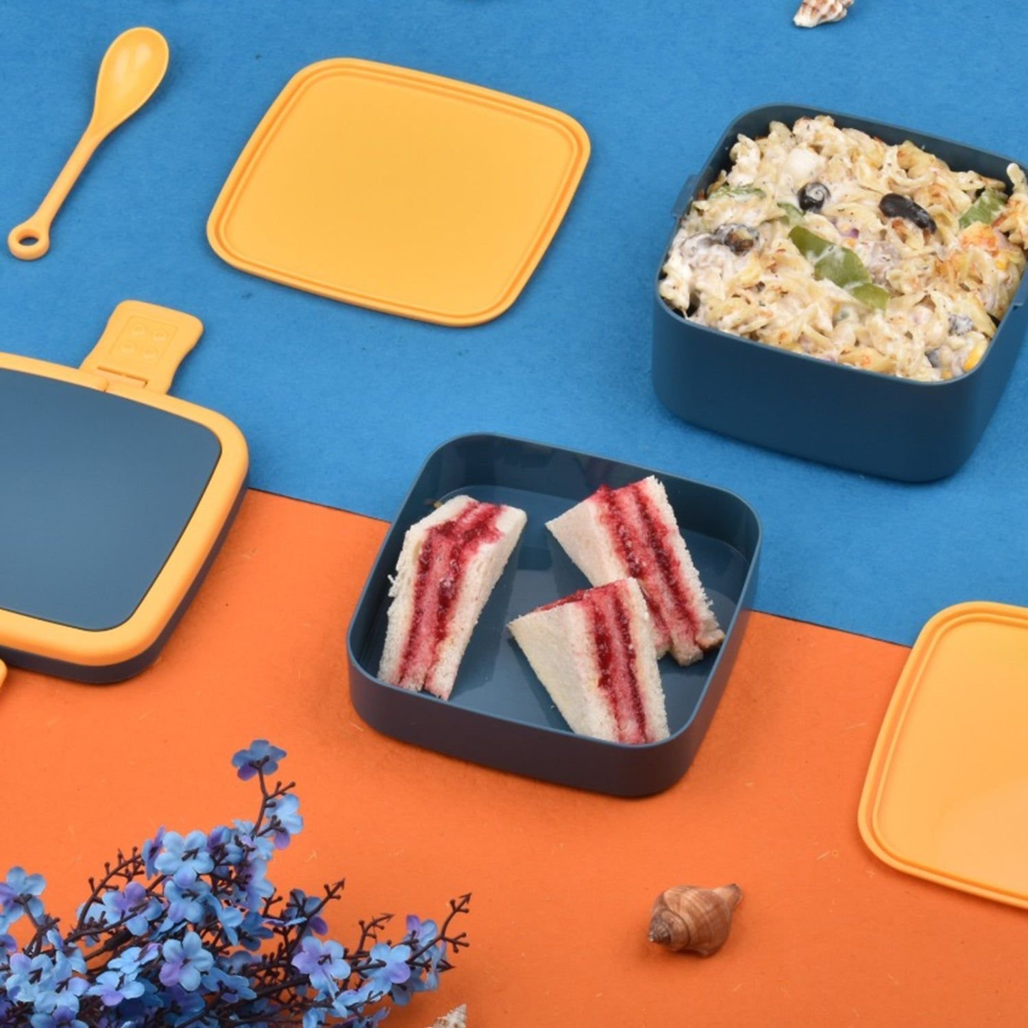 Blue Double-Layer Portable Bento Lunch Box – Stackable with Handle & Spoon - Image 7