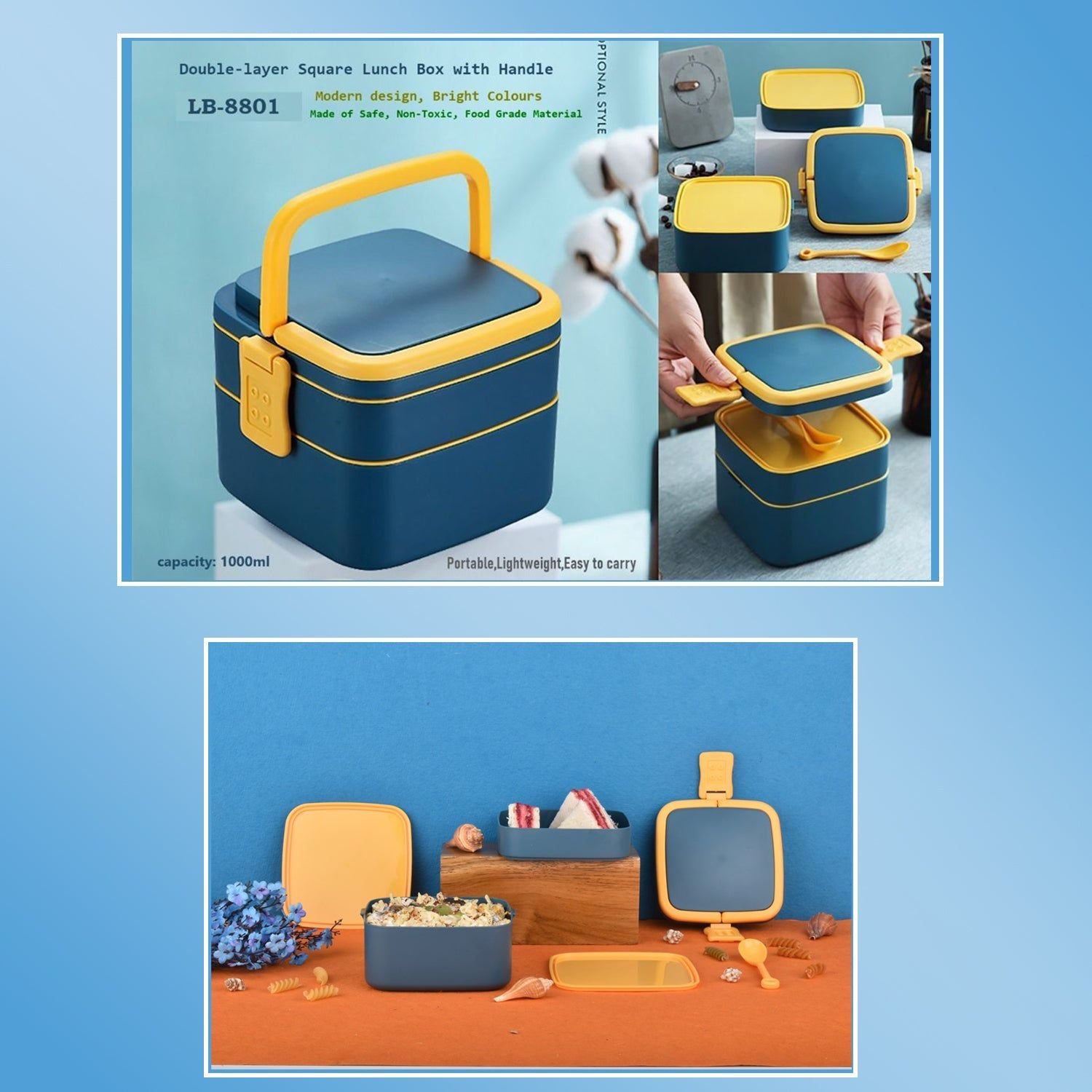 Blue Double-Layer Portable Bento Lunch Box – Stackable with Handle & Spoon - Image 8