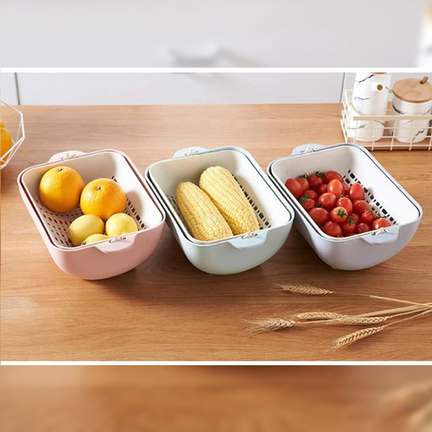 Multifunctional BPA Free Double Layered Plastic Rotatable Strainer Basket (Multicolor) - Image 4