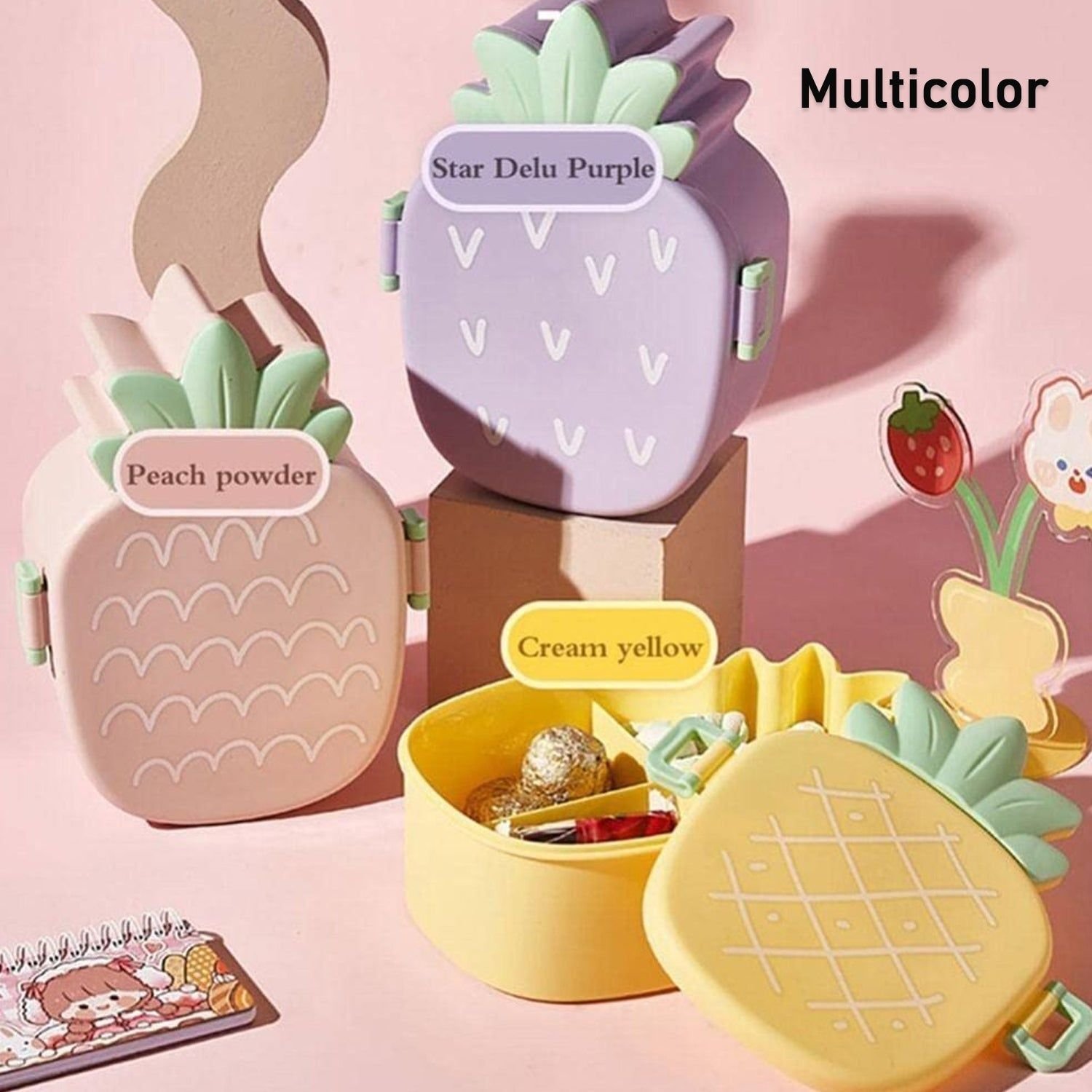 Kids Lunch Box Cute Pineapple Shaped Bento Box with Fork Spoon Snack Container Microwave Portable Office Lunch Box (1 Pc / With Spoon & Fork) - Image 9