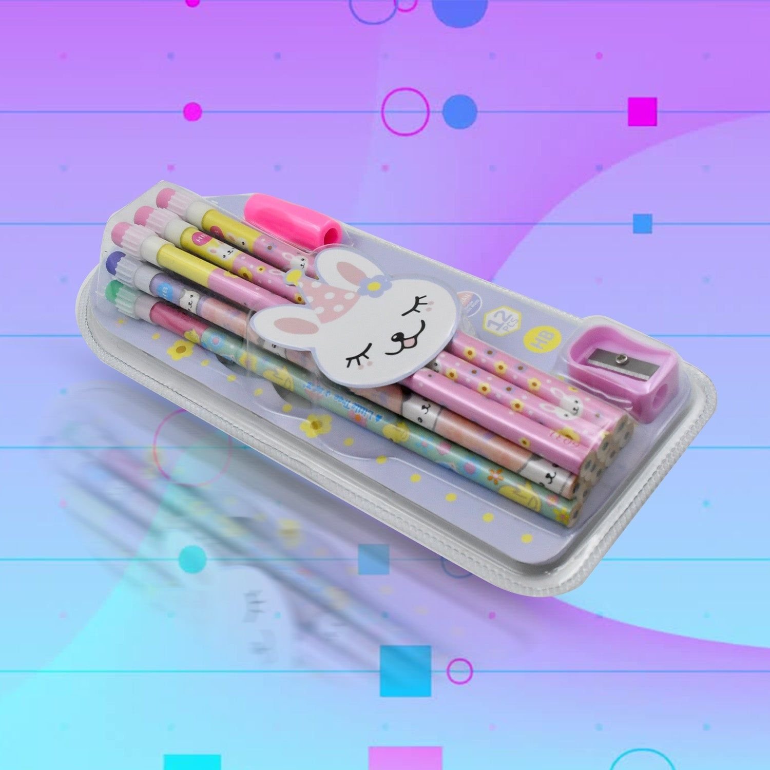 Cute Rabbit Bear Drawing Graphite Writing Pencil Set with Pencil Sharpener & Eraser, Pencil and Eraser Set with Eraser for Kids, for Girls, Fancy School Stationary, Birthday Party Return Gift (14 Pc Set) - Image 6