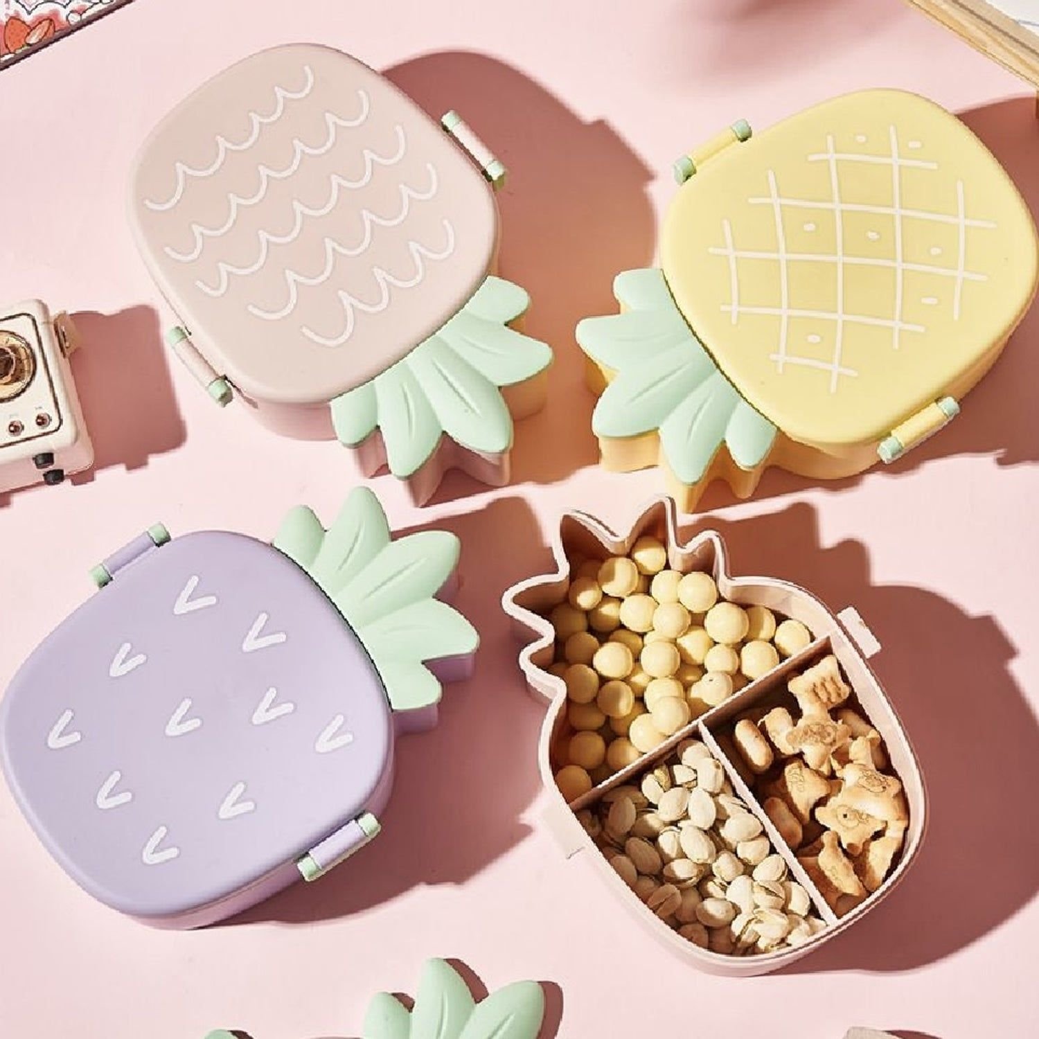 Kids Lunch Box Cute Pineapple Shaped Bento Box with Fork Spoon Snack Container Microwave Portable Office Lunch Box (1 Pc / With Spoon, Fork & Color Bo - Image 3