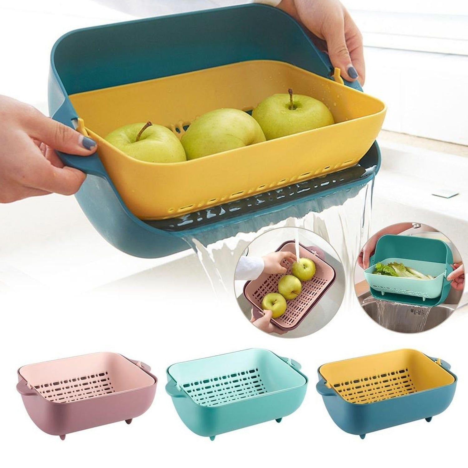 Multifunctional BPA Free Double Layered Plastic Rotatable Strainer Basket (Multicolor) - Image 7