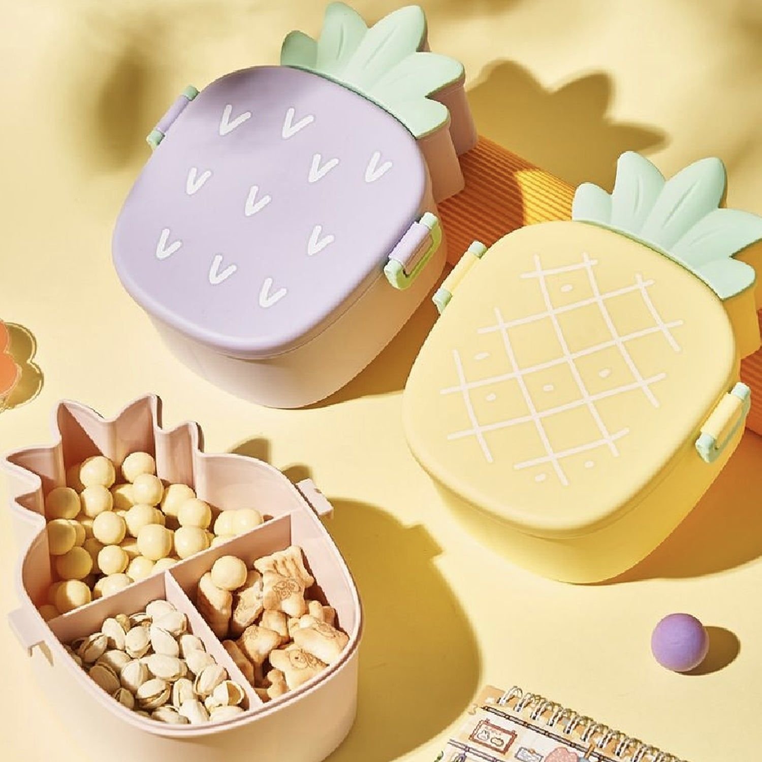 Kids Lunch Box Cute Pineapple Shaped Bento Box with Fork Spoon Snack Container Microwave Portable Office Lunch Box (1 Pc / With Spoon, Fork & Color Bo