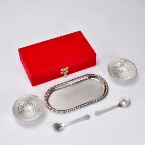 Silver-Plated Brass Bowl & Spoon Set with Velvet Gift Box | Assorted Colour