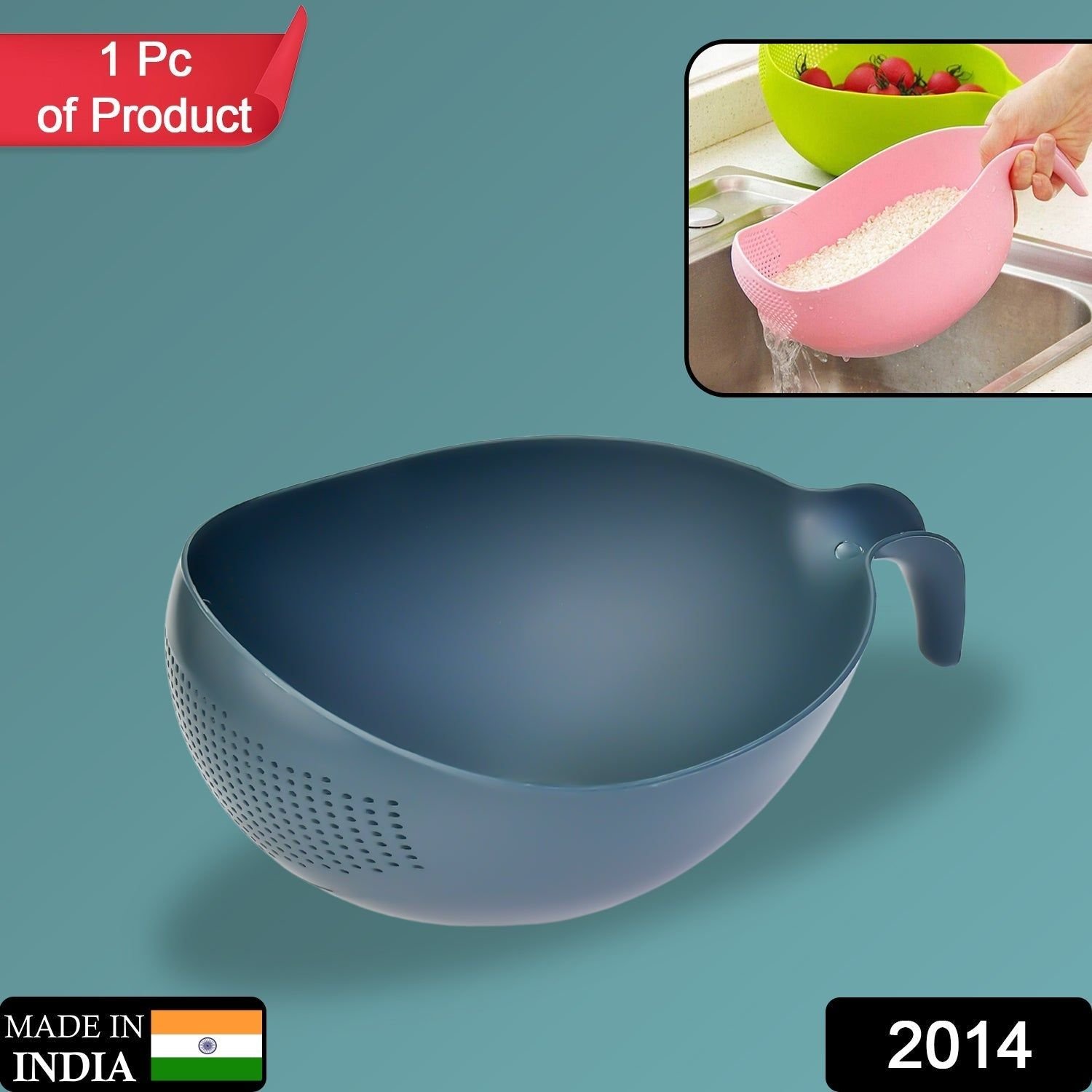 Plastic Rice Bowl / Food Strainer Thick Drain Basket with Handle for Rice, Vegetable & Fruit. (1Pc) - Image 2
