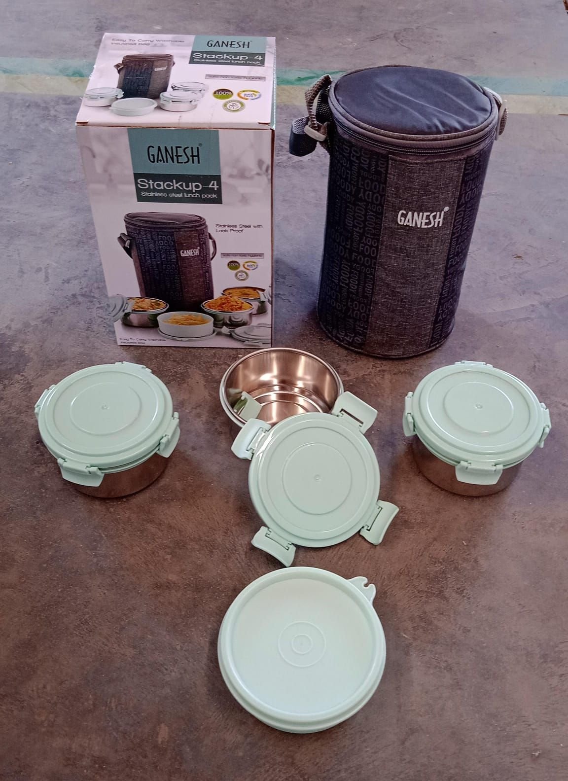 Ganesh 4In1 Tiffin Box-Lunch Box | 3 Stainless Steel Containers 300 Ml Approx & Plastic Salad Container 200 Ml Approx| Plastic lid Box | Round Zip Bag | Leak Proof | Microwave Safe for Office, College and School for Men, Women - Image 7