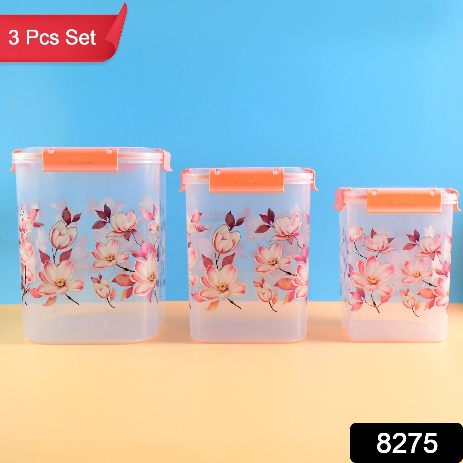Square 3 Pcs Floral Printed Airtight Storage Container Set – Approx 2.8 Ltr, 4.5 Ltr, 6.9 Ltr (3 Pcs Set) - Image 2