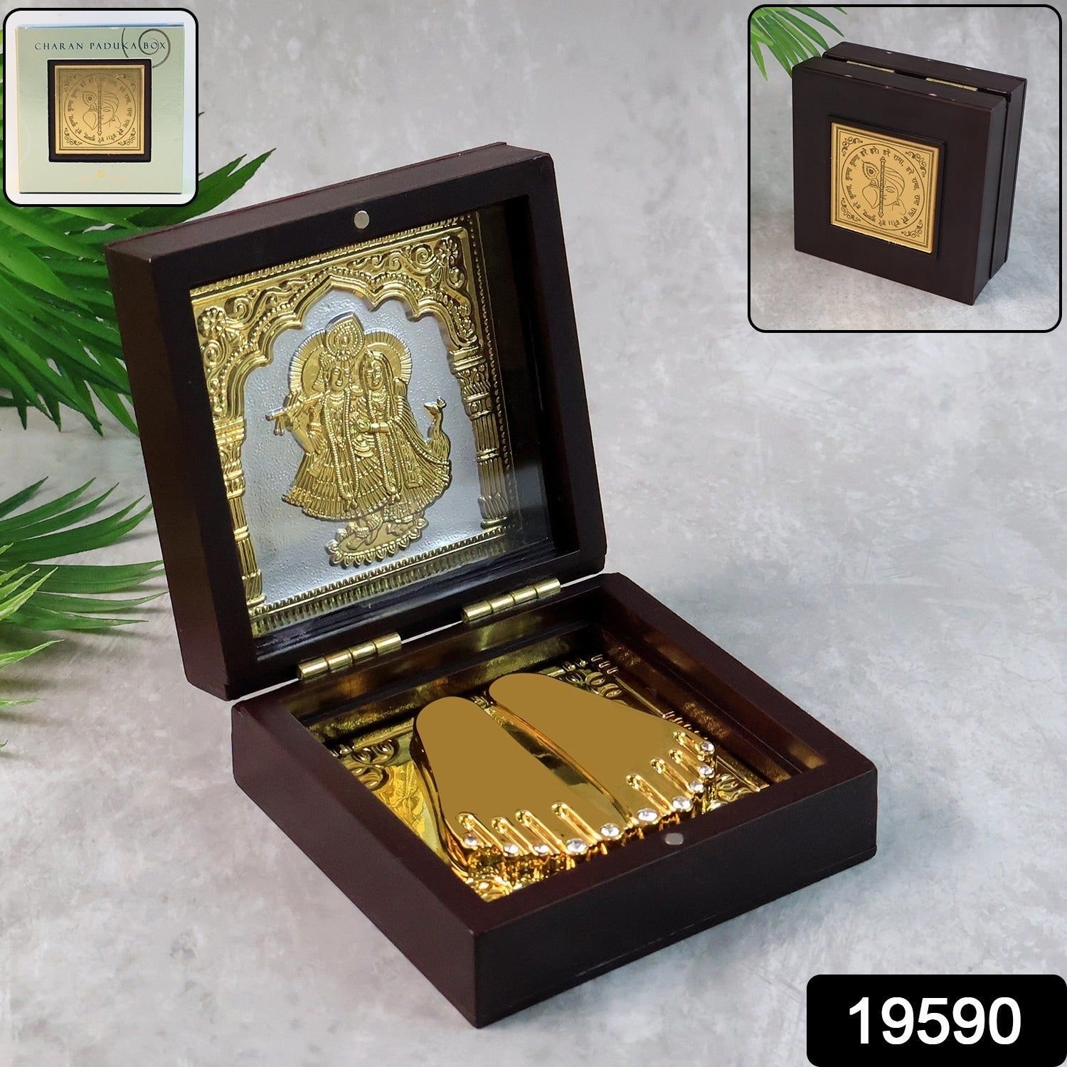 Golden Charan Paduka in Wooden Box – Spiritual Gift & Pooja Accessory - Image 2