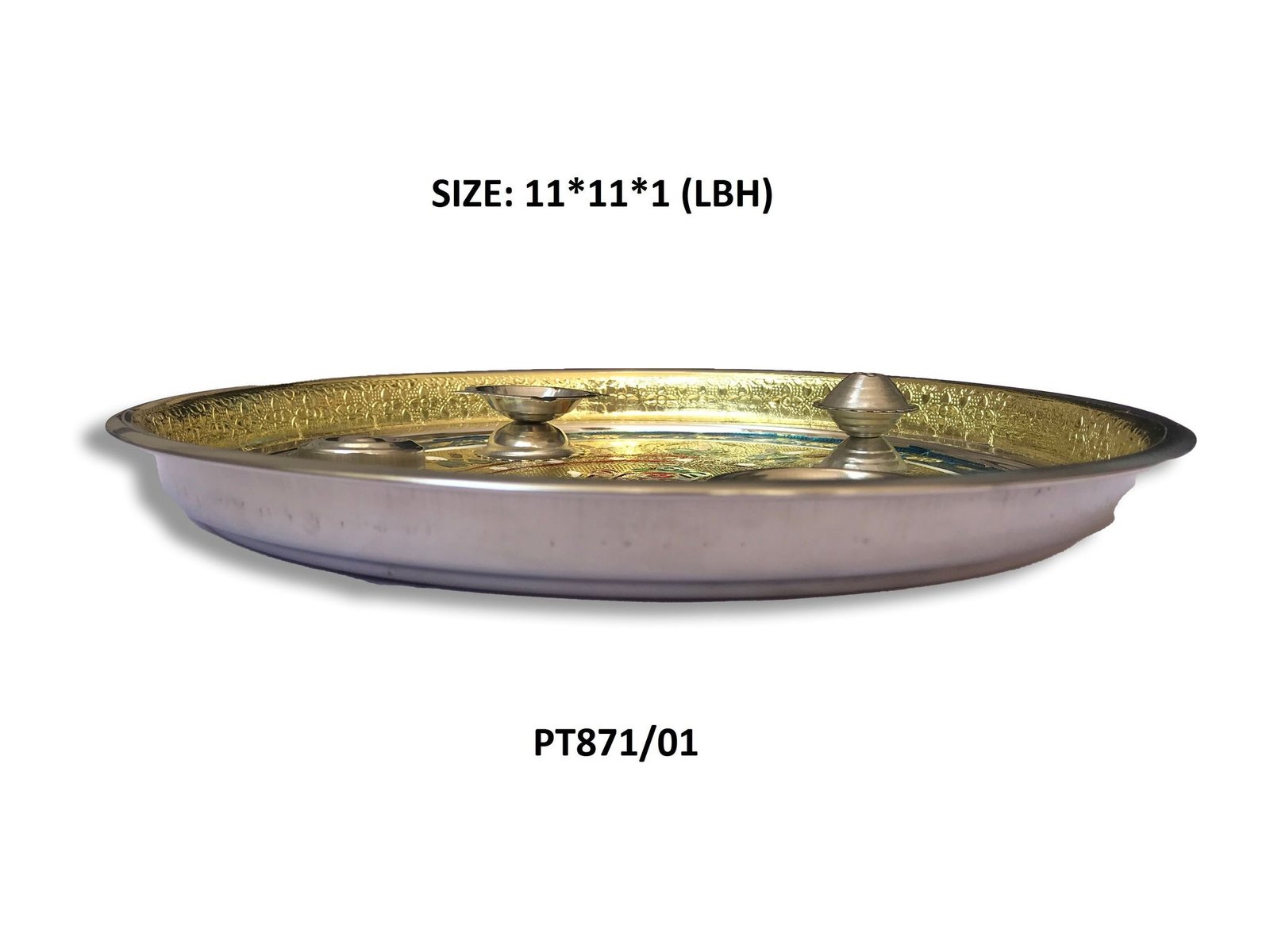 Stainless Steel Pooja thali Decorate with Golden Chain Colourful Diamond Chain Pearl Fancy Stones - Image 4
