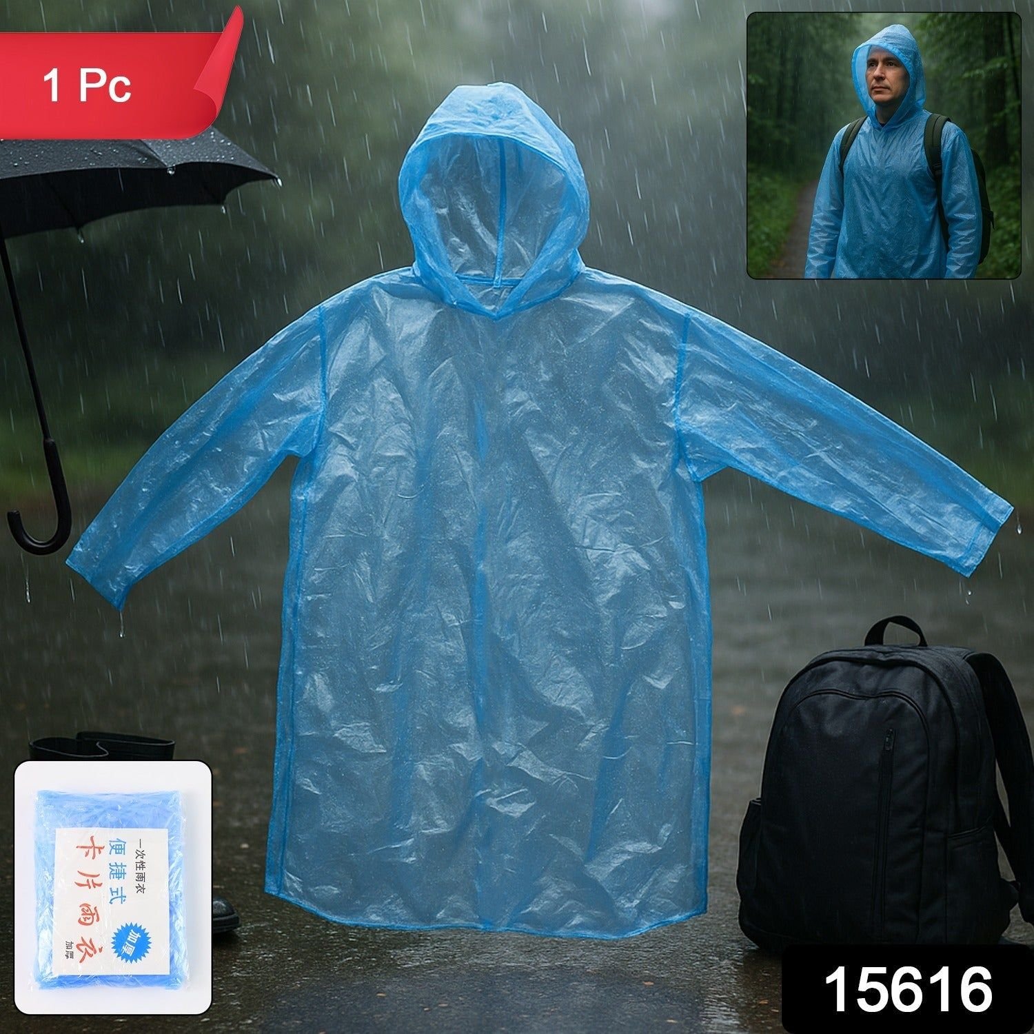 Ultra Lightweight Disposable Raincoat with Hood for Adults (1 Pc) - Image 2