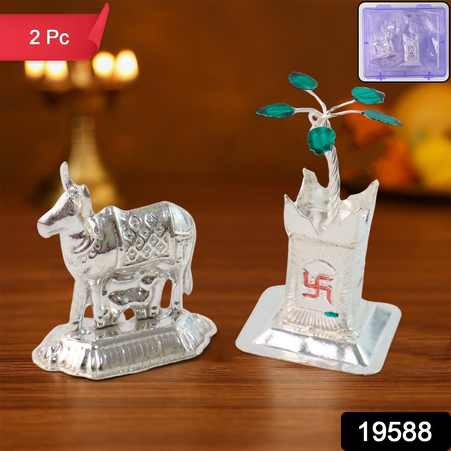 Silver-Plated Kamdhenu Cow & Tulsi Plant Pair – Pooja & Home Décor - Image 2