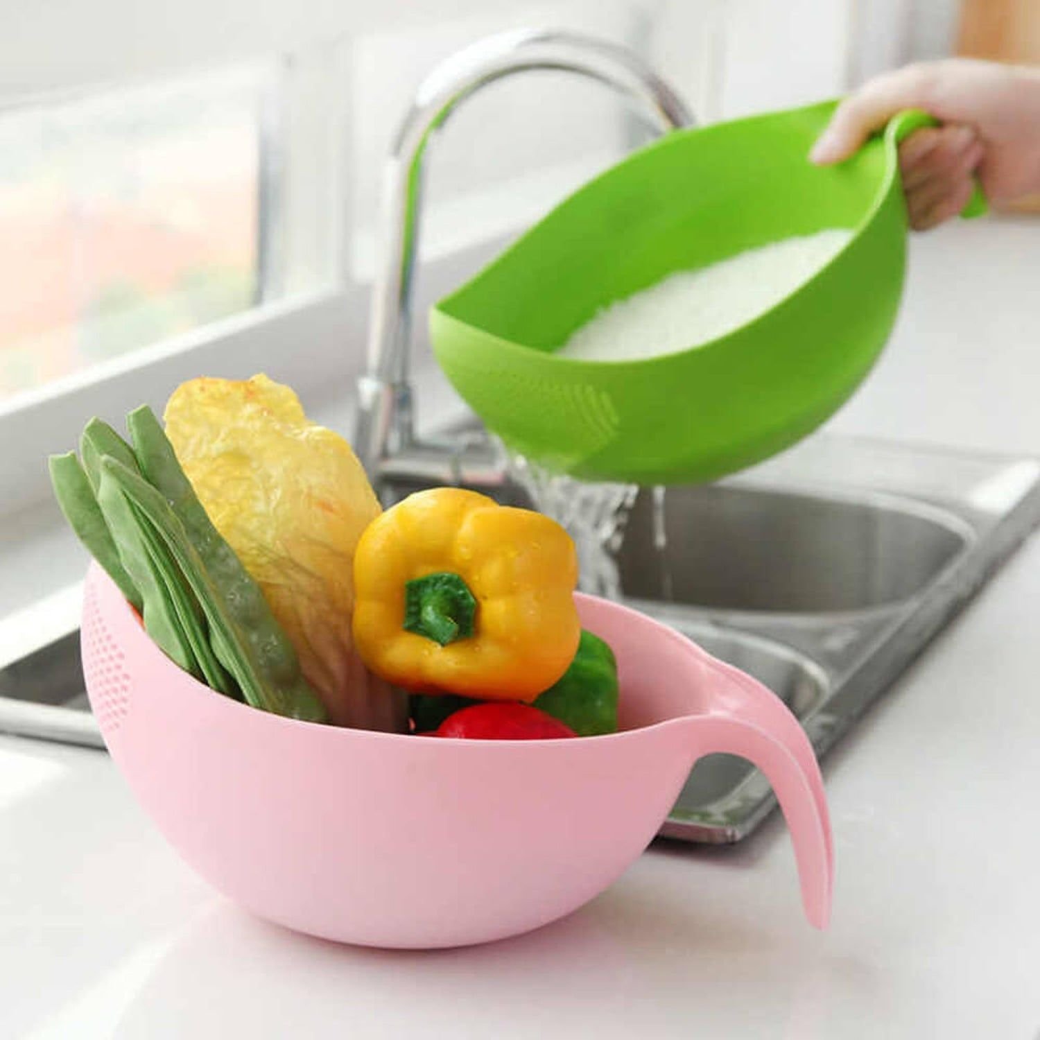 Plastic Rice Bowl / Food Strainer Thick Drain Basket with Handle for Rice, Vegetable & Fruit. (1Pc) - Image 3