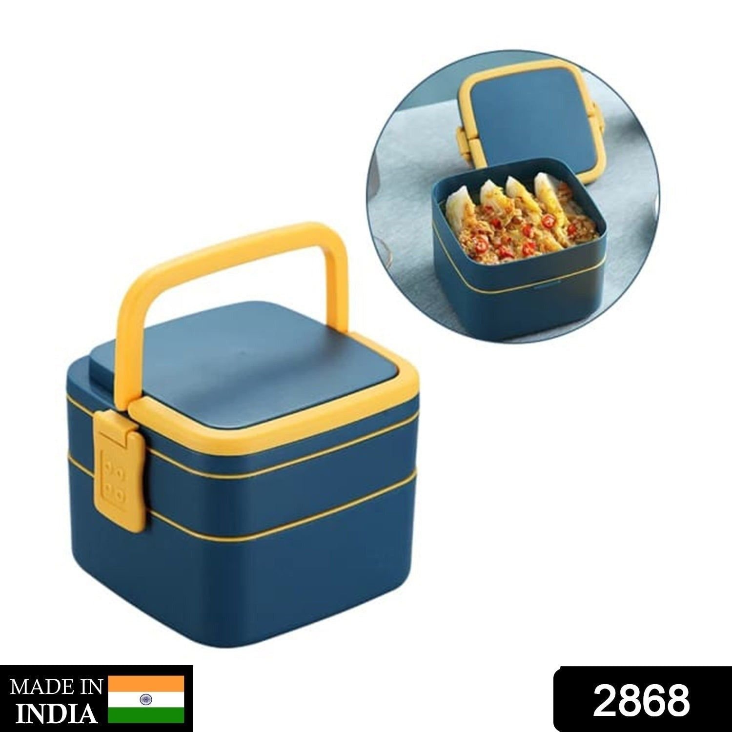 Blue Double-Layer Portable Bento Lunch Box – Stackable with Handle & Spoon - Image 2