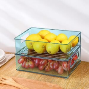 Plastic Refrigerator Organizer Bins, Set Of 2 Stackable Fridge Organizers with Handle, Clear Organizing Food Fruit Vegetables Pantry Storage Bins for