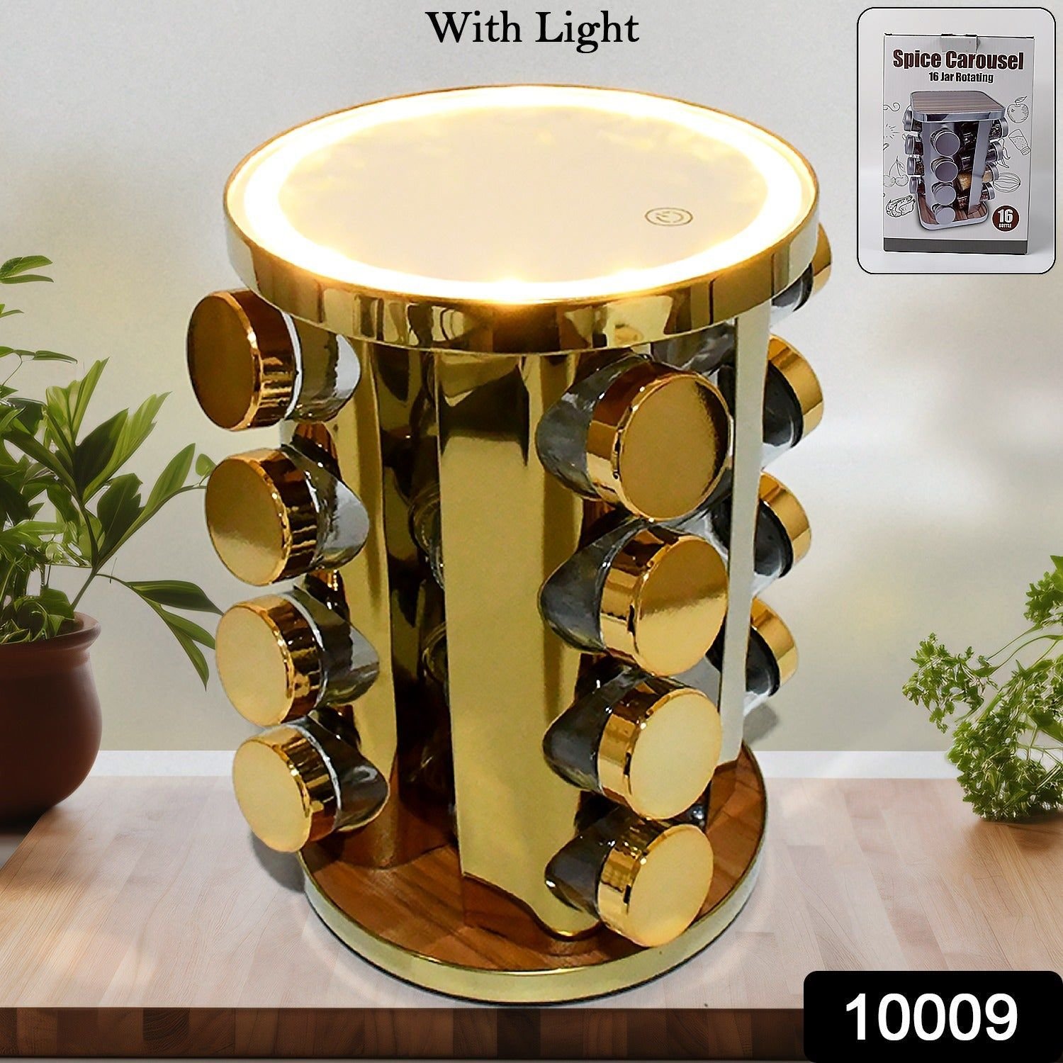 LED Spice Rack Organizer, Rotating Spice Rack with Free 16 Seasoning Jars, Revolving Tower Organizer Stainless Steel for Kitchen Storage (Golden / 16 Pc / MOQ - 6 pc) - Image 2