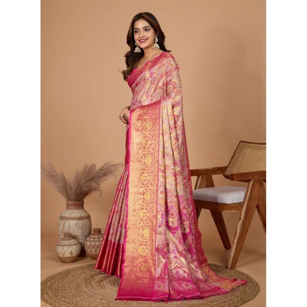 Generic Women's Jacquard Saree With Unstitched Blouse 5.5Mtr (Pink)