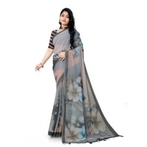 Generic Women's Georgette Floral Printed Saree With Unstitched Blouse 5.5Mtr (Grey)
