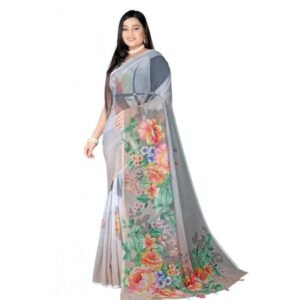 Generic Women's Georgette Floral Printed Saree With Unstitched Blouse 5.5Mtr (Grey)