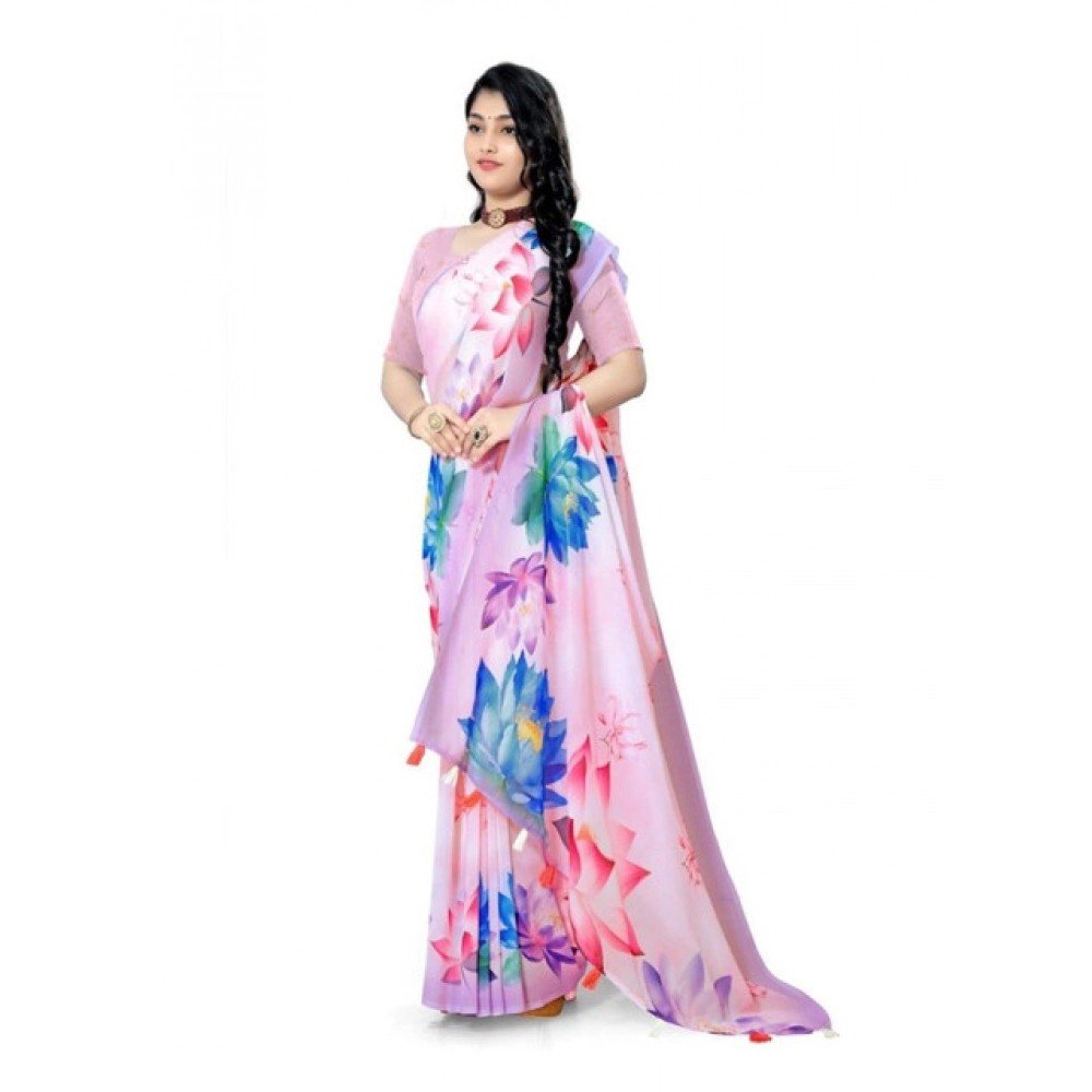 Generic Women's Georgette Floral Printed Saree With Unstitched Blouse 5.5Mtr (Light Pink)