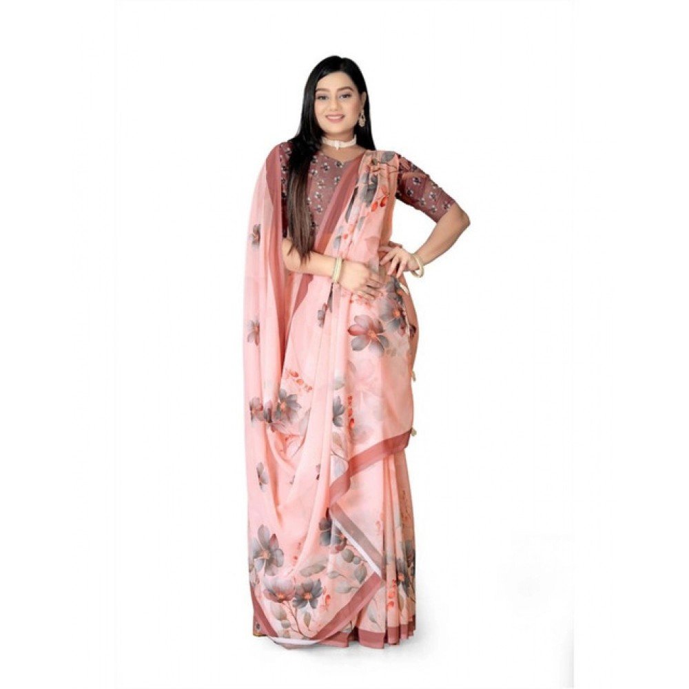 Generic Women's Georgette Floral Printed Saree With Unstitched Blouse 5.5Mtr (Peach)